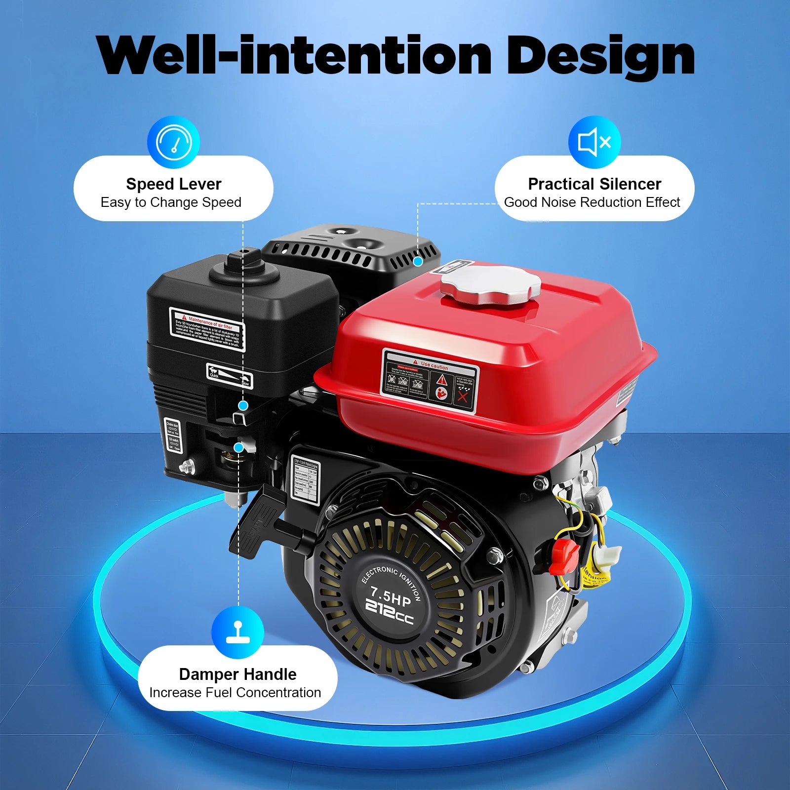 4-Takt 212cc Benzinmotor, 7,5PS 4000W 3600 U/min Einzylinder-Handstart-Benzinmotor, Kurbelwellendurchmesser 20mm