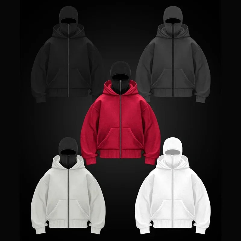 Balaclava Herren Zip Hoodie Winter Warm Lässig Sweatshirt Y2K mit Kapuzen-Gesichtsmaske Reißverschluss Design Sportjacke Outdoor-Aktivitäten