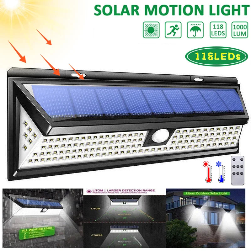 118LED Neueste Solar-LED-Leuchten Outdoor Solarlampe mit Bewegungssensor 4 Modi Wasserdicht IP65 Solar Gartenleuchte Straßenhof Laterne